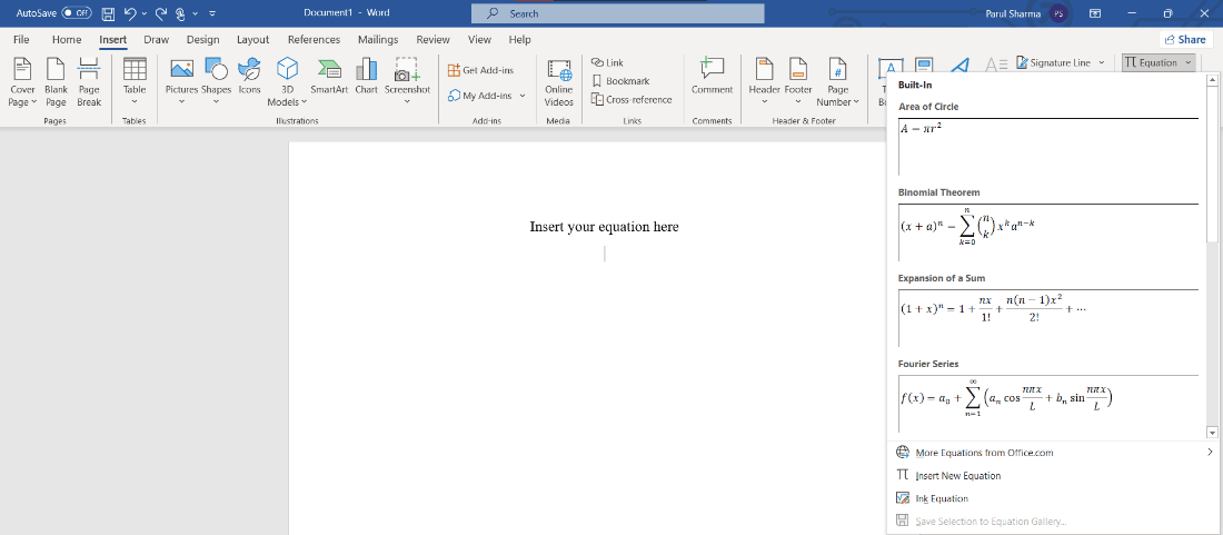 haga clic en la ecuación requerida |  como insertar ecuacion en word