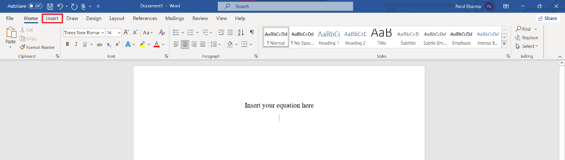 haga clic en insertar |  Accesos directos del editor de ecuaciones de Microsoft