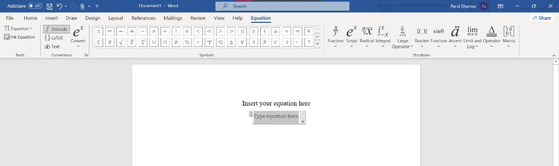 Aparecerá el cuadro de diálogo Escriba su ecuación.  |  Accesos directos del editor de ecuaciones de Microsoft
