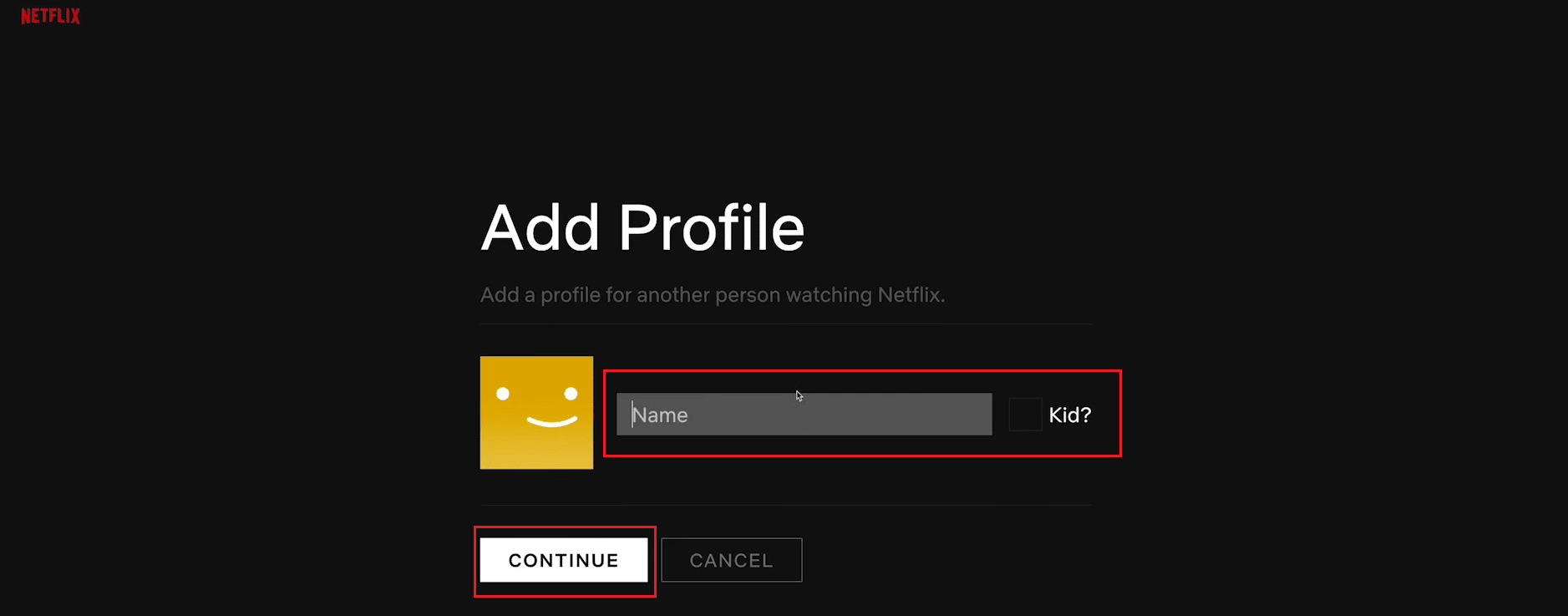 Ingrese el nombre del perfil deseado y haga clic en CONTINUAR para agregar el perfil