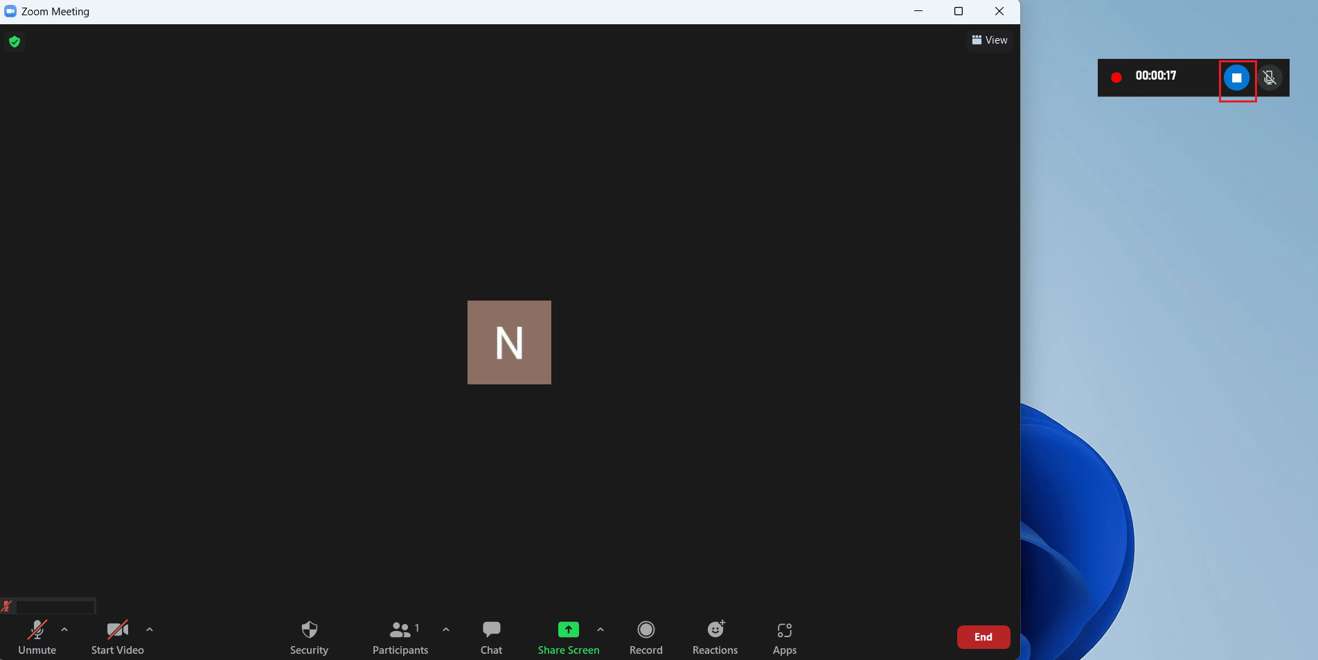 haga clic en el icono de parada para detener la grabación |  Zoom puede detectar grabación de pantalla
