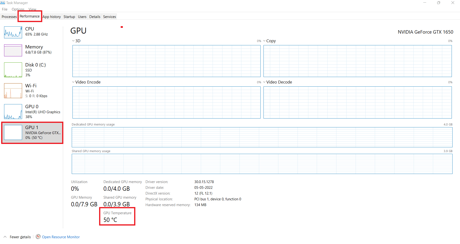 Supervisión de la temperatura de la GPU a través del Administrador de tareas en Windows 10