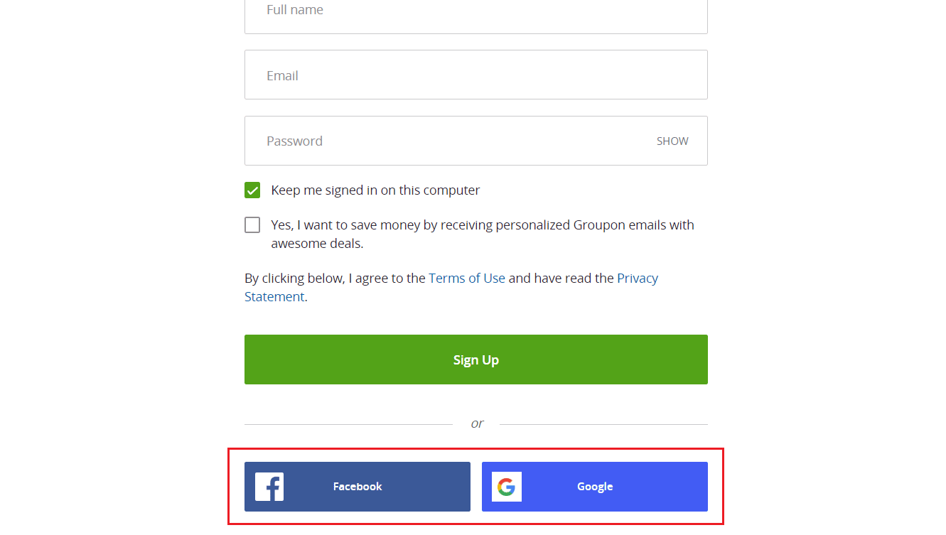 Pestaña de enlace de Facebook o Google para registrarse con esa cuenta específica