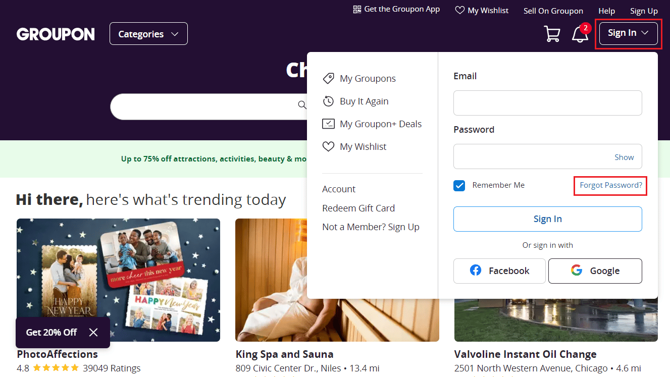 Pestaña Iniciar sesión - Enlace Contraseña olvidada | Cómo encontrar mi cuenta de Groupon