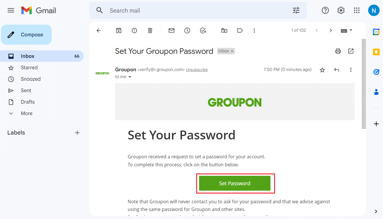 cuenta de correo electrónico - Establece tu contraseña de Groupon correo electrónico desde la bandeja de entrada - Establecer enlace de contraseña
