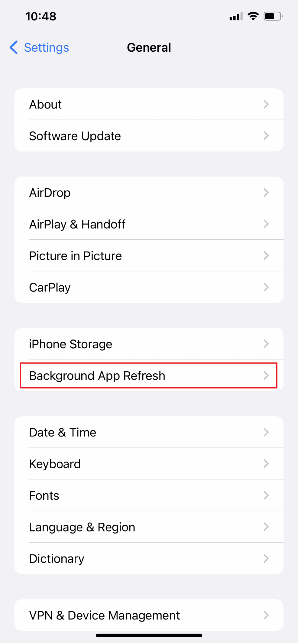 Seleccione Actualización de la aplicación en segundo plano