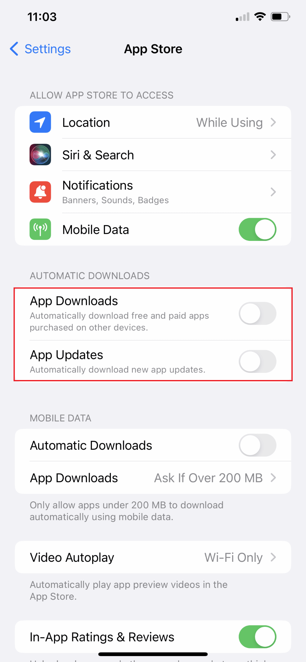 Desactivar descargas de aplicaciones y actualizaciones de aplicaciones