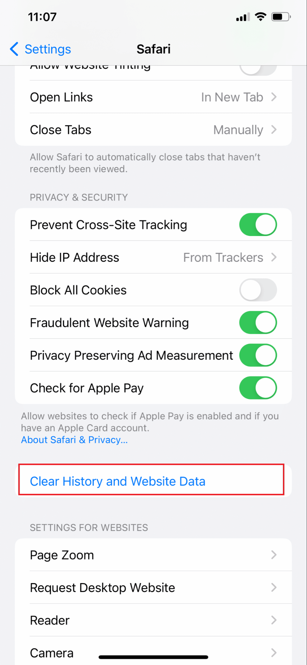Haga clic en Borrar historial y datos del sitio web | ¿Cómo soluciono Internet lento en mi iPhone?