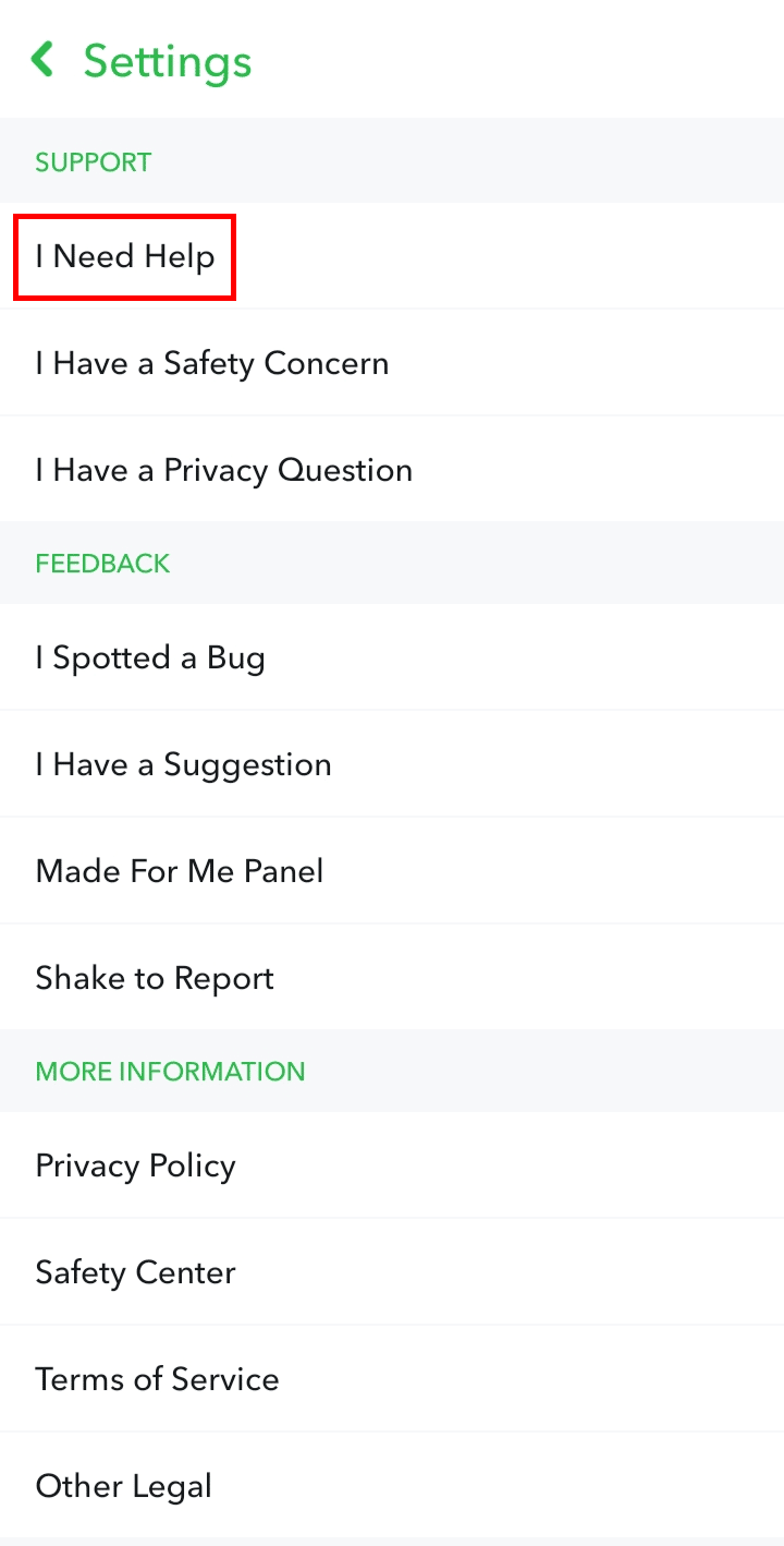 Desplácese hacia abajo hasta Soporte y toque Necesito ayuda.  |  cancelar solicitud de datos de Snapchat