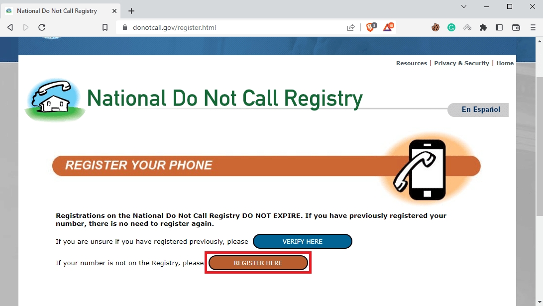 Para registrar un nuevo número, haga clic en REGISTRARSE AQUÍ