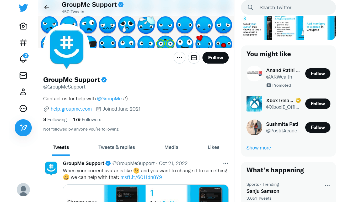 póngase en contacto con el soporte de GroupMe en Twitter en @GroupMeSupport