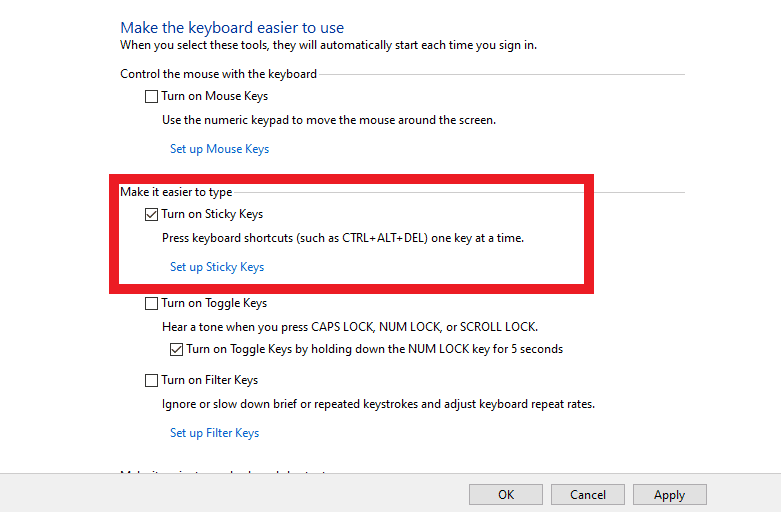 Haga clic en activar teclas adhesivas 