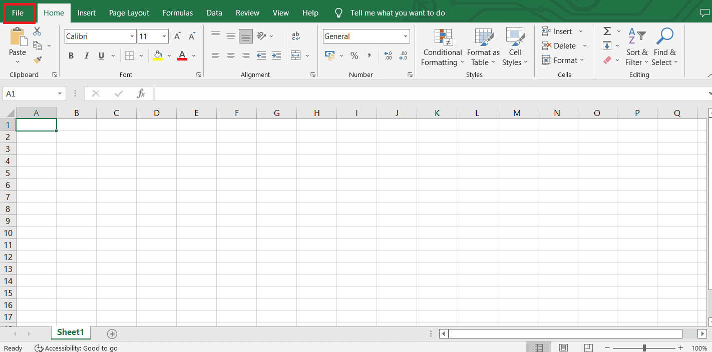 Haga clic en Archivo.  Cómo desbloquear las teclas de flecha en Excel