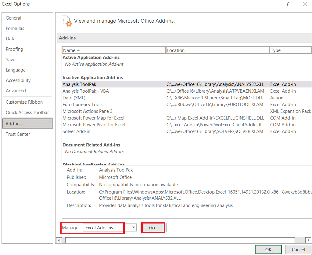 haga clic en Ir... al lado de los complementos de Excel en la barra Administrar en la parte inferior. 