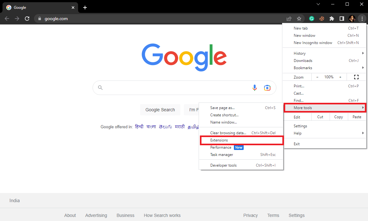 Localice y haga clic en Más herramientas y luego haga clic en Extensiones