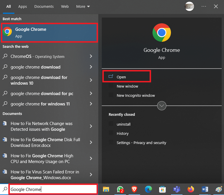 Abra Google Chrome desde el menú Inicio.  9 formas de arreglar el cambio de red fue detectado error