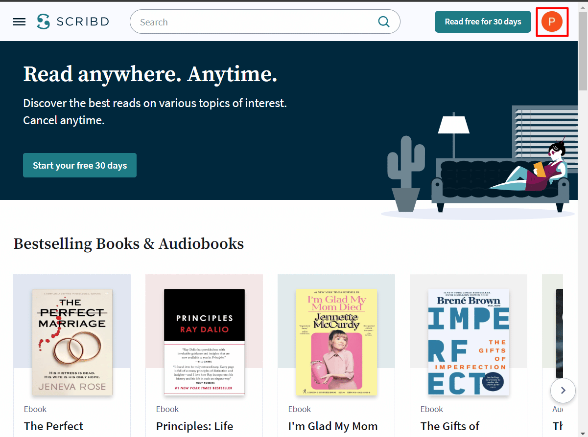 haga clic en el icono de perfil |  Cómo eliminar una cuenta de Scribd