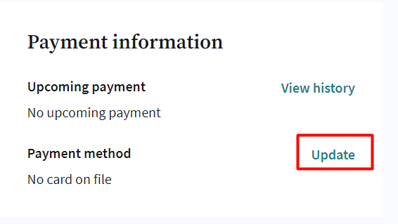 haga clic en actualizar junto al método de pago 