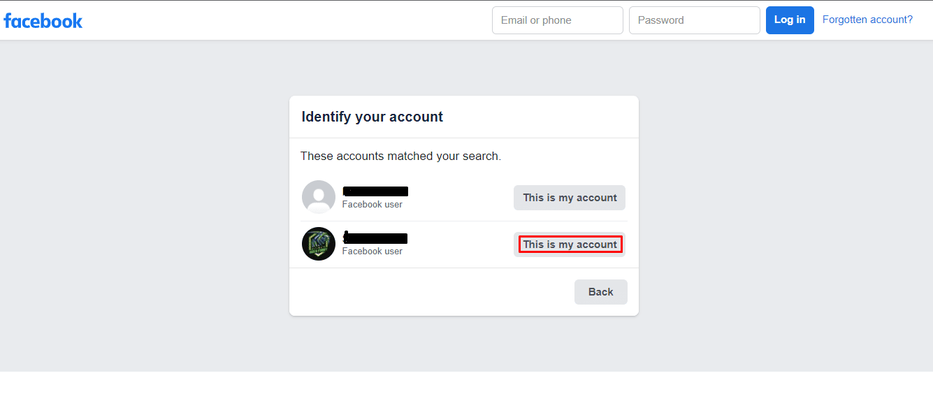 Ahora seleccione la cuenta que desea recuperar y haga clic en la opción Esta es mi cuenta junto a ella.  |  Cómo transferir una cuenta de Facebook a un teléfono nuevo