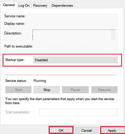 tipo de inicio a deshabilitado