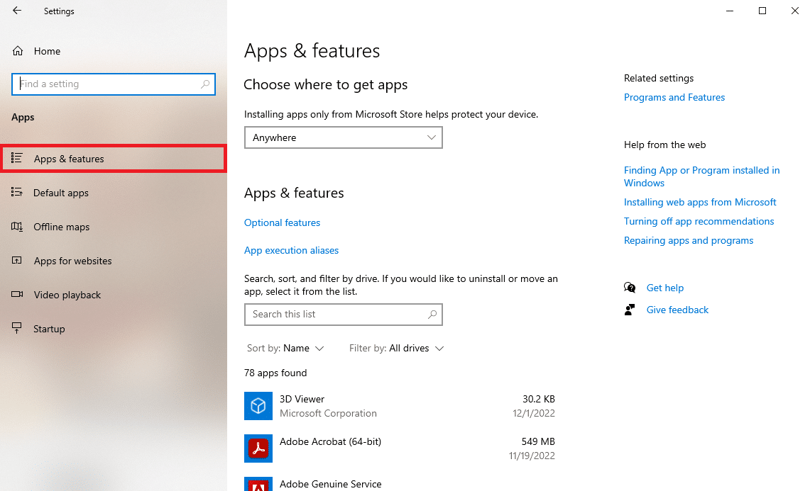 haga clic en Aplicaciones y características