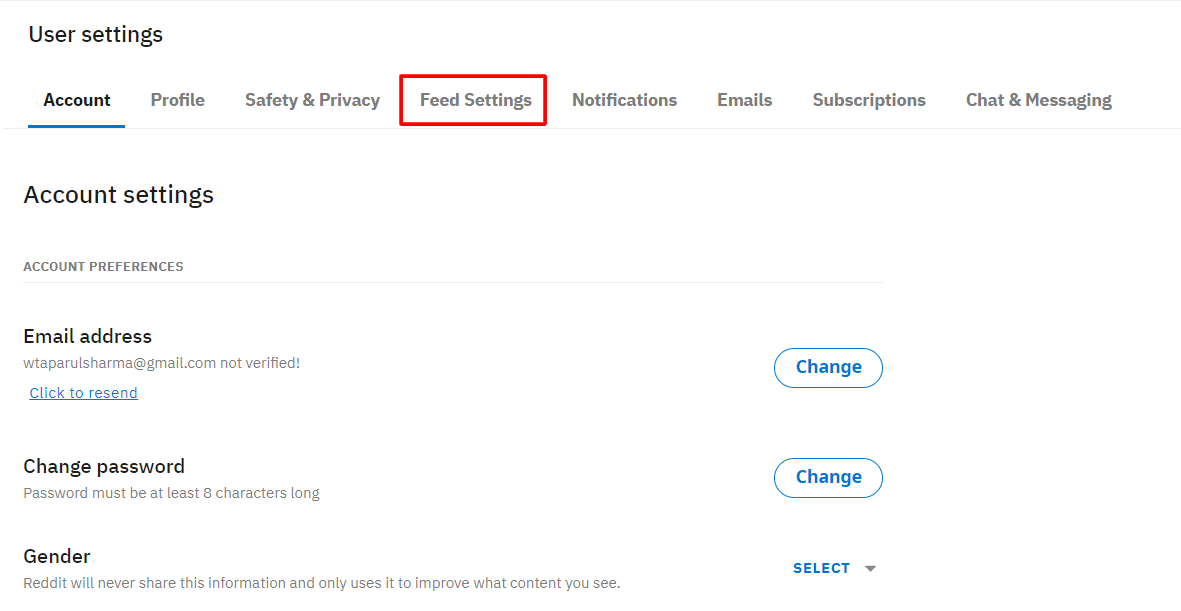 ir a la configuración de alimentación |  Cómo activar o desactivar NSFW en Reddit