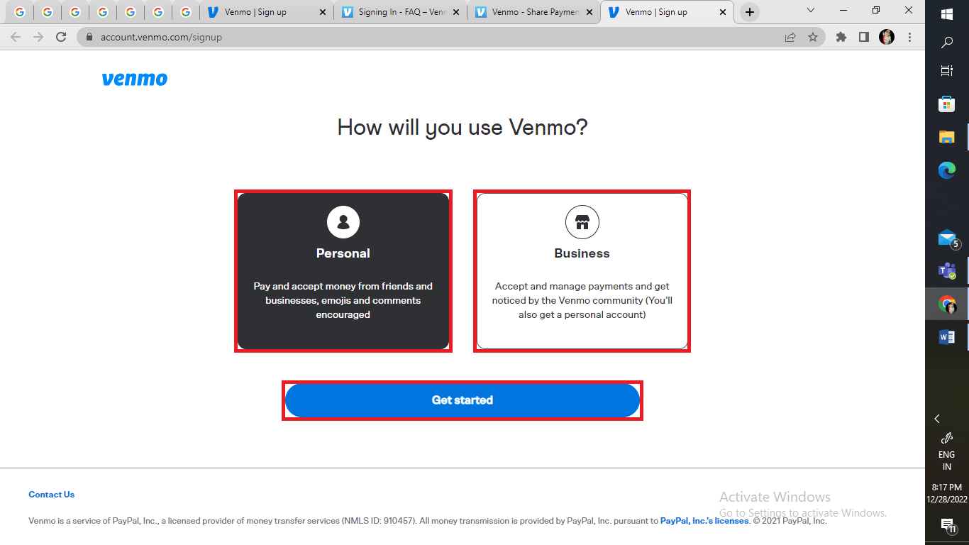 Seleccione el tipo de cuenta que le gustaría crear, Personal o Business y haga clic/toque Comenzar. 