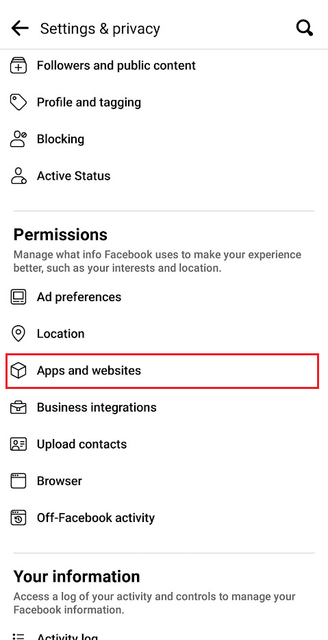 Toque Aplicaciones y sitio web en Permisos | Cómo desvincular Facebook de Call of Duty Mobile