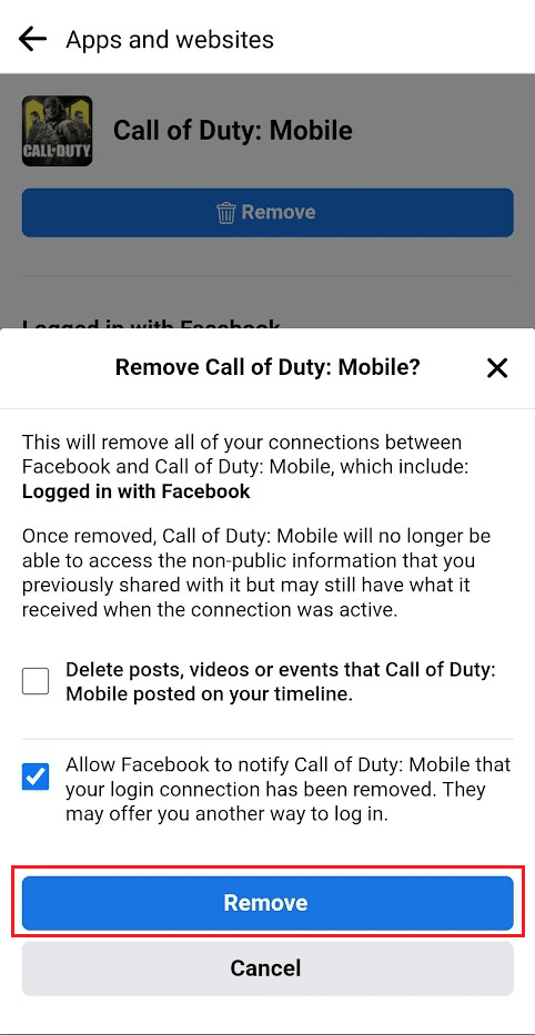 toque Eliminar de la ventana emergente de confirmación | Cómo desvincular Facebook de Call of Duty Mobile