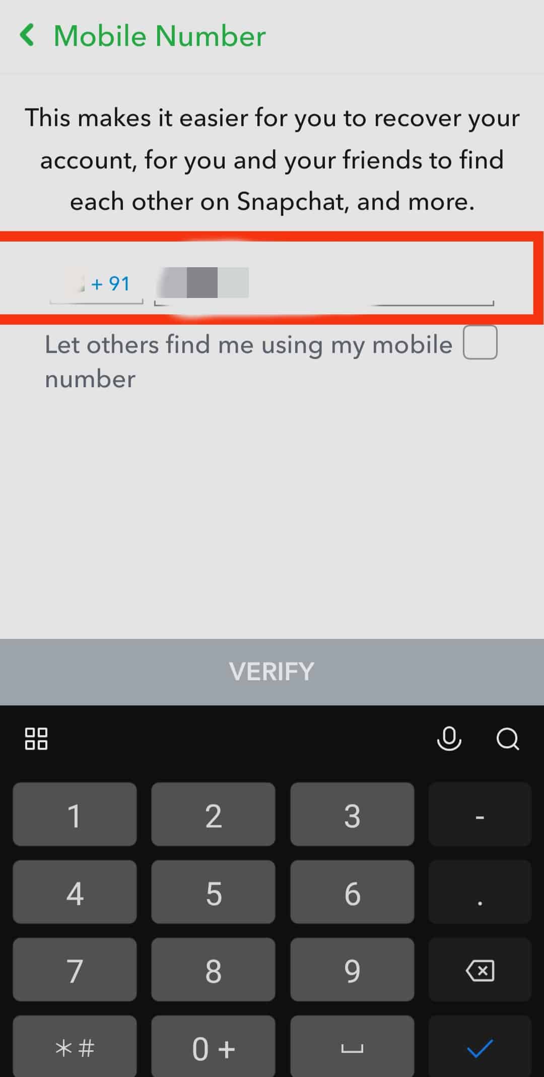 Cambie el número y escriba el nuevo. | Cómo quitar el número de teléfono de Snapchat