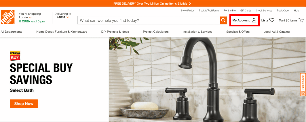 Haga clic en la opción Mi cuenta en la parte superior derecha de la pantalla. | Cómo verificar el saldo de la tarjeta Home Depot