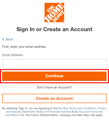Ingrese su dirección de correo electrónico de inicio de sesión y haga clic en el botón Continuar. | Cómo verificar el saldo de la tarjeta Home Depot