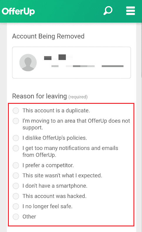 Seleccione el motivo deseado para la desactivación de la cuenta OfferUp |