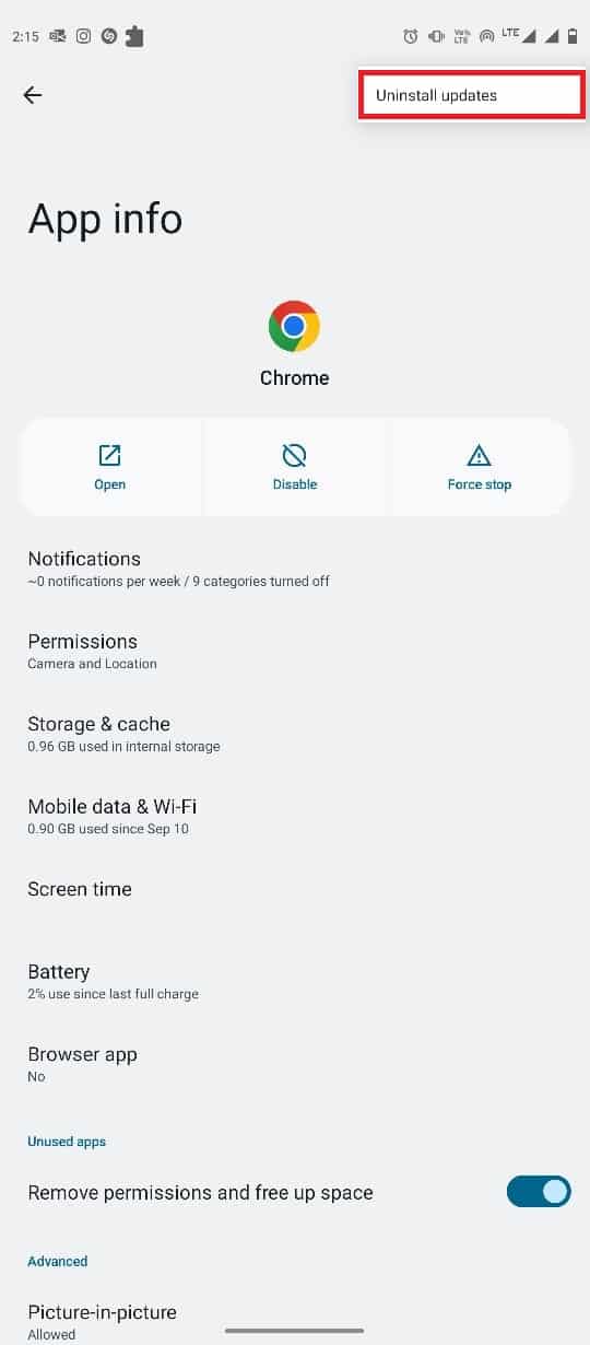 seleccione Desinstalar actualizaciones.  Cómo arreglar Google Chrome sigue fallando en Android