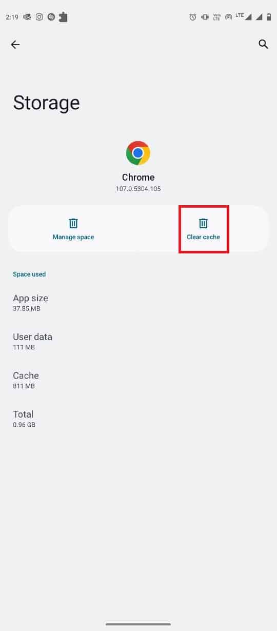 toque en Borrar caché.  Cómo arreglar Google Chrome sigue fallando en Android