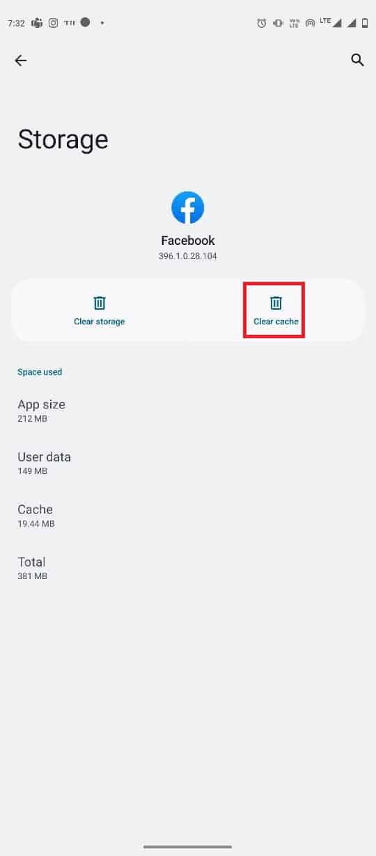 toque en Borrar caché.  Solucionar el problema del código de inicio de sesión de Facebook