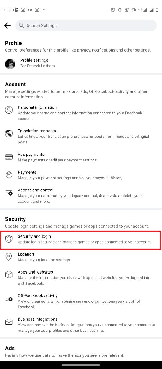 toque Seguridad e inicie sesión.  Solucionar el problema del código de inicio de sesión de Facebook