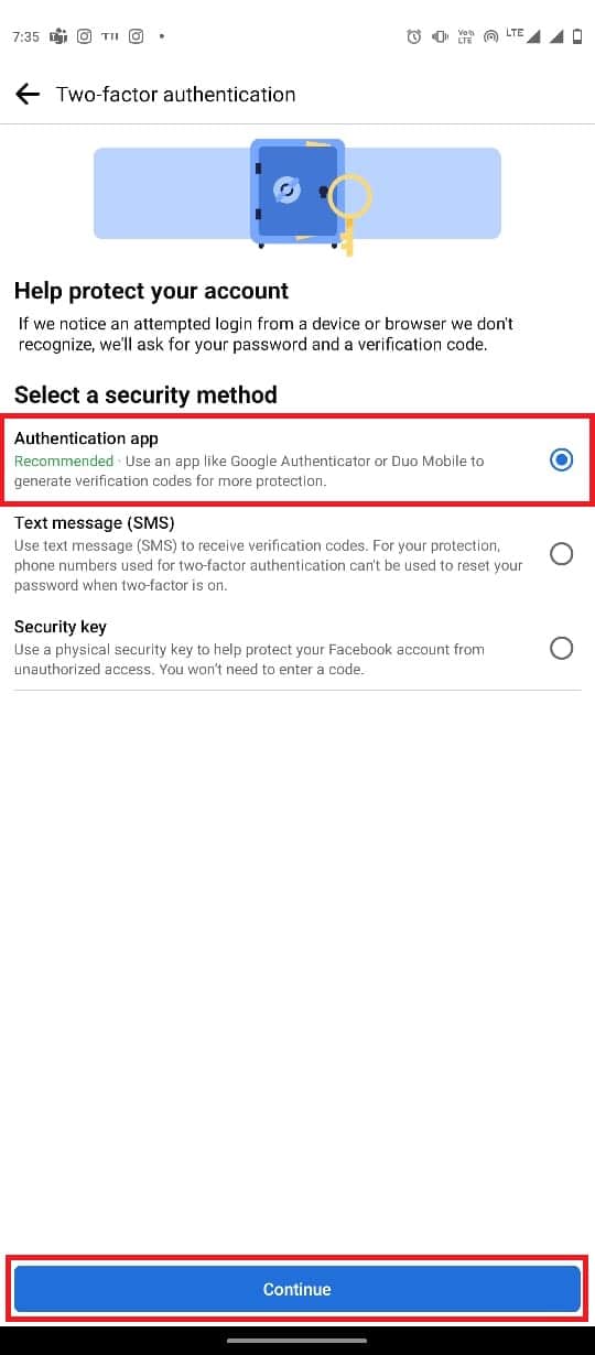 Seleccione uno de los métodos de seguridad y toque Continuar