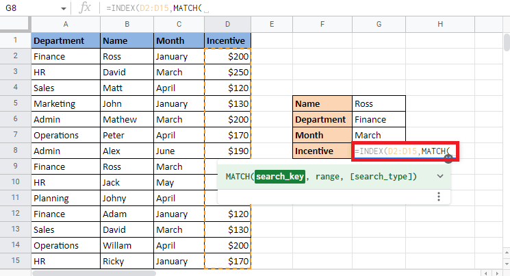 Escriba coma y comience a construir la fórmula MATCH 