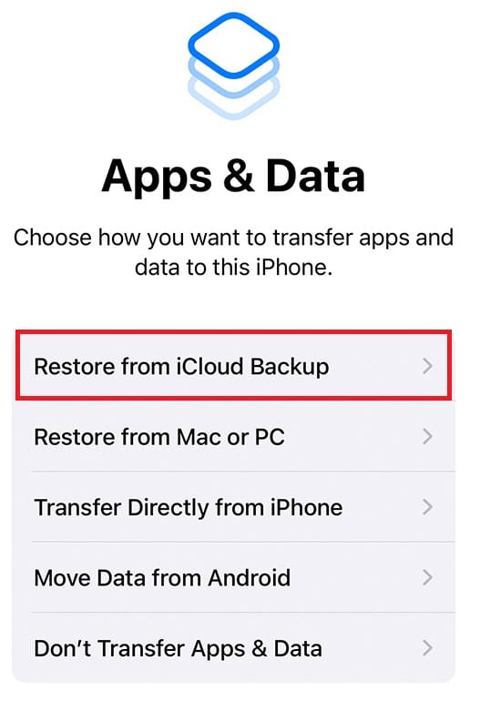 Toque Restaurar desde la opción Copia de seguridad de iCloud