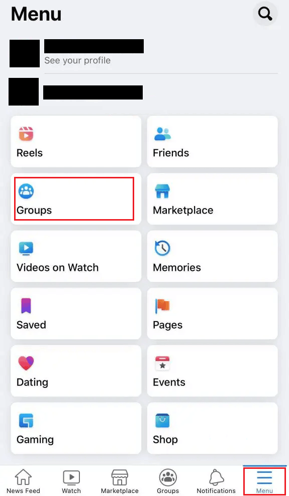 Toque en la pestaña Menú - Grupos |  Cómo publicar de forma anónima en un grupo de Facebook en iPhone