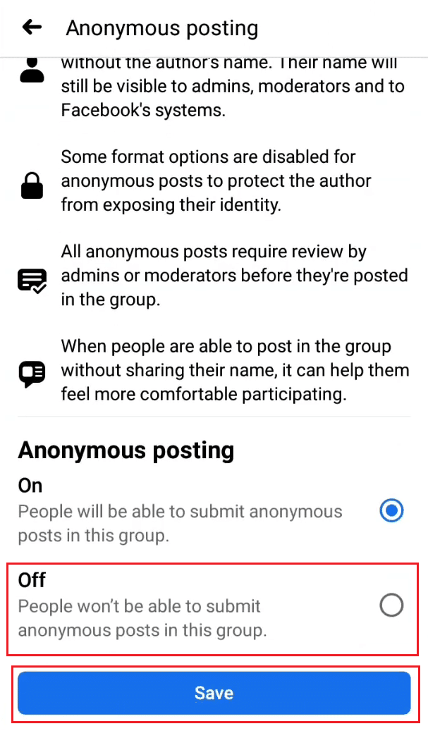Seleccione el botón de opción Apagado en la parte inferior de la pantalla y toque Guardar |  Cómo publicar de forma anónima en un grupo de Facebook en iPhone