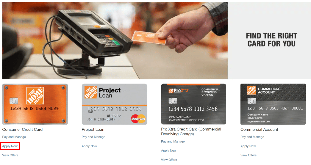 Desplácese un poco y seleccione cualquiera de las opciones de tarjeta de crédito y haga clic en la opción Aplicar ahora debajo de ella.  |  Cómo crear una cuenta de Home Depot