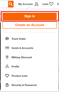Haga clic en el botón Iniciar sesión.  |  Cómo crear una cuenta de Home Depot
