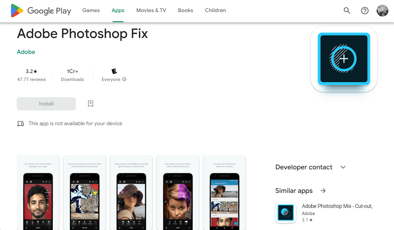 Reparación de Adobe Photoshop Play Store