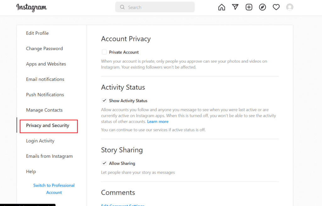 Abrir Privacidad y seguridad |  Cómo ver los comentarios de Me gusta en Instagram