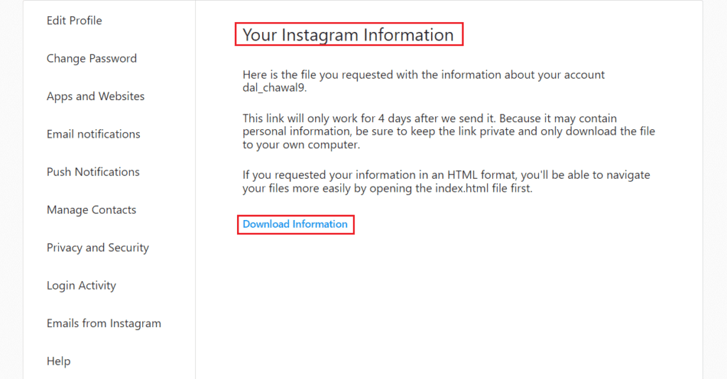 Haga clic en Información descargada |  Cómo ver los comentarios de Me gusta en Instagram