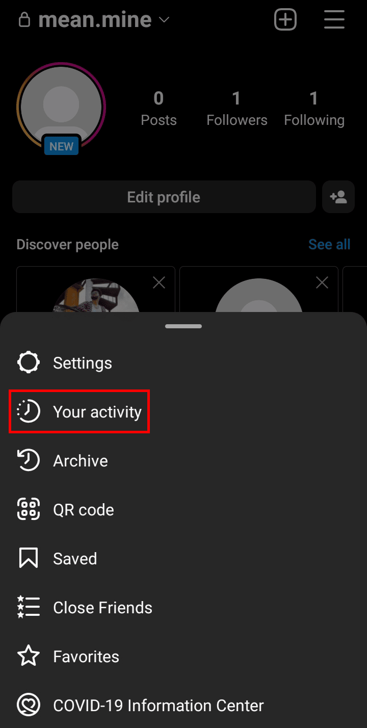 Toca Tu actividad en el menú que apareció en la parte inferior de la pantalla.  |  Cómo ver los comentarios de Me gusta en Instagram