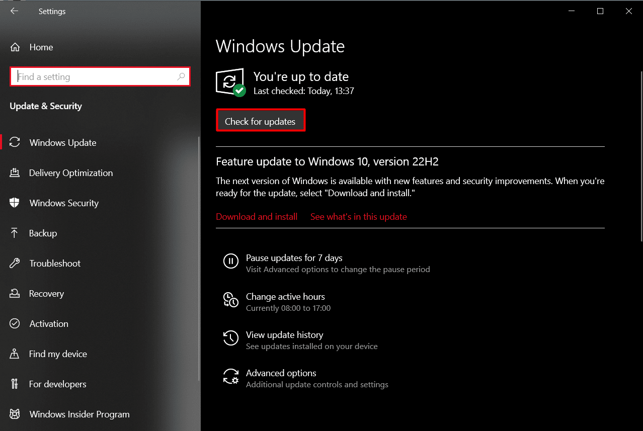 haga clic en Buscar actualizaciones