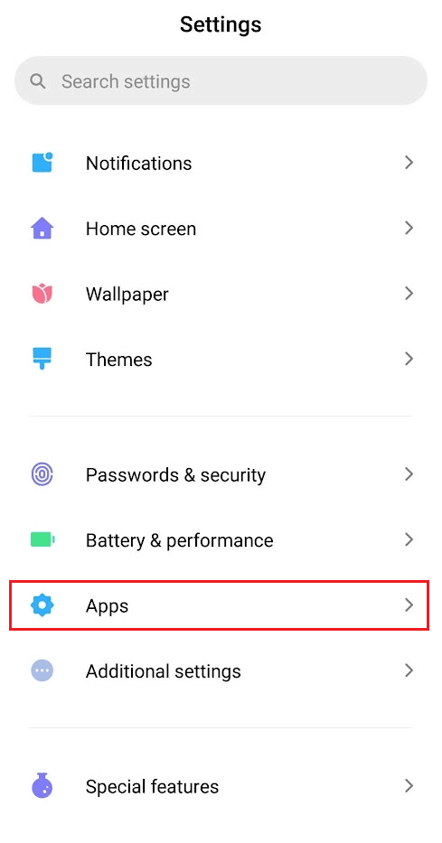 Toque la opción Aplicaciones de la lista de opciones de configuración